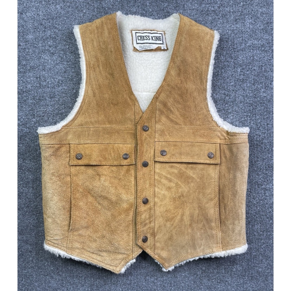 Chess King Suede Leather Vest Men L Tan Faux Shearling Lined Western Cinch‎ Back